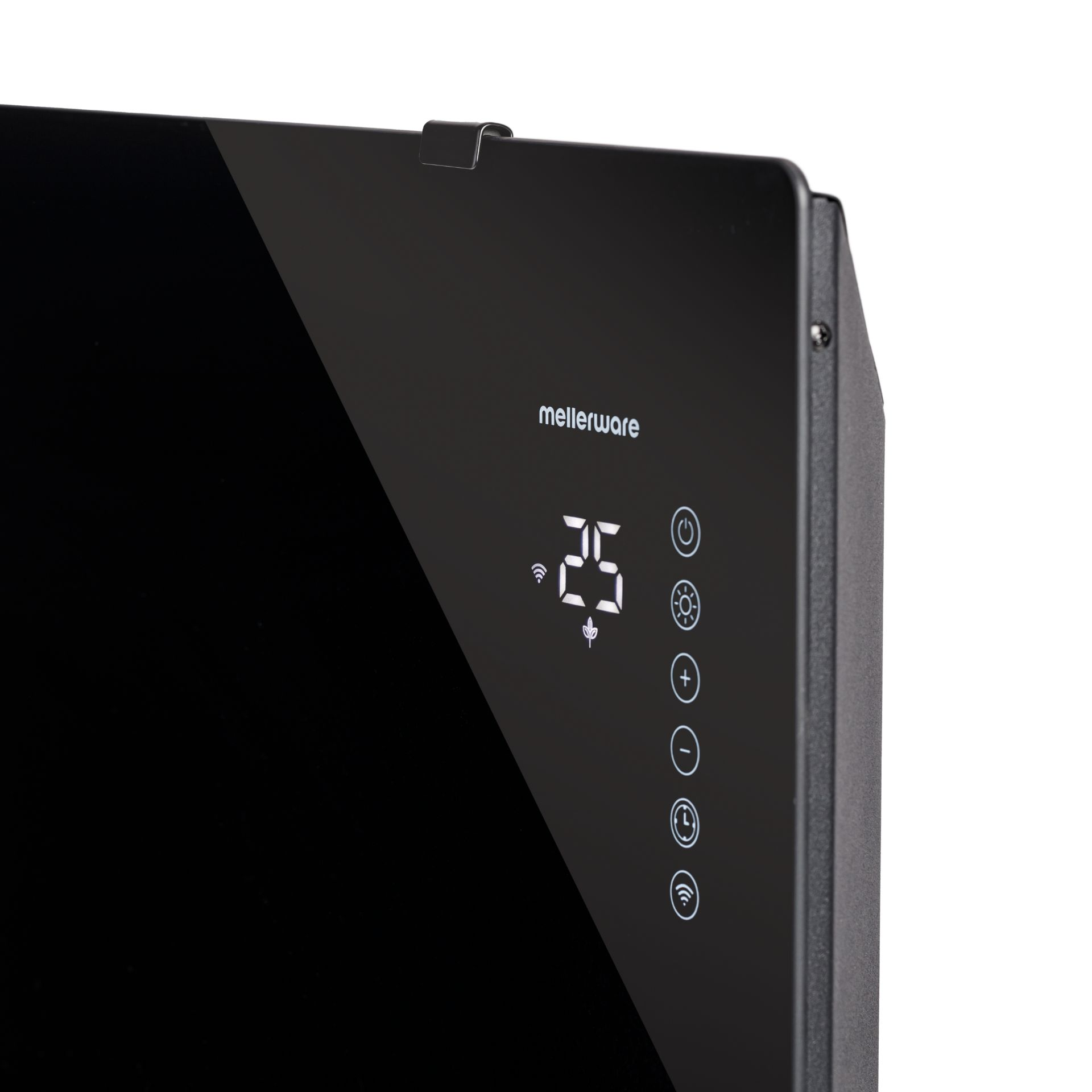 Calentador eléctrico negro con pantalla digital que muestra '25' y botones de control a la derecha.