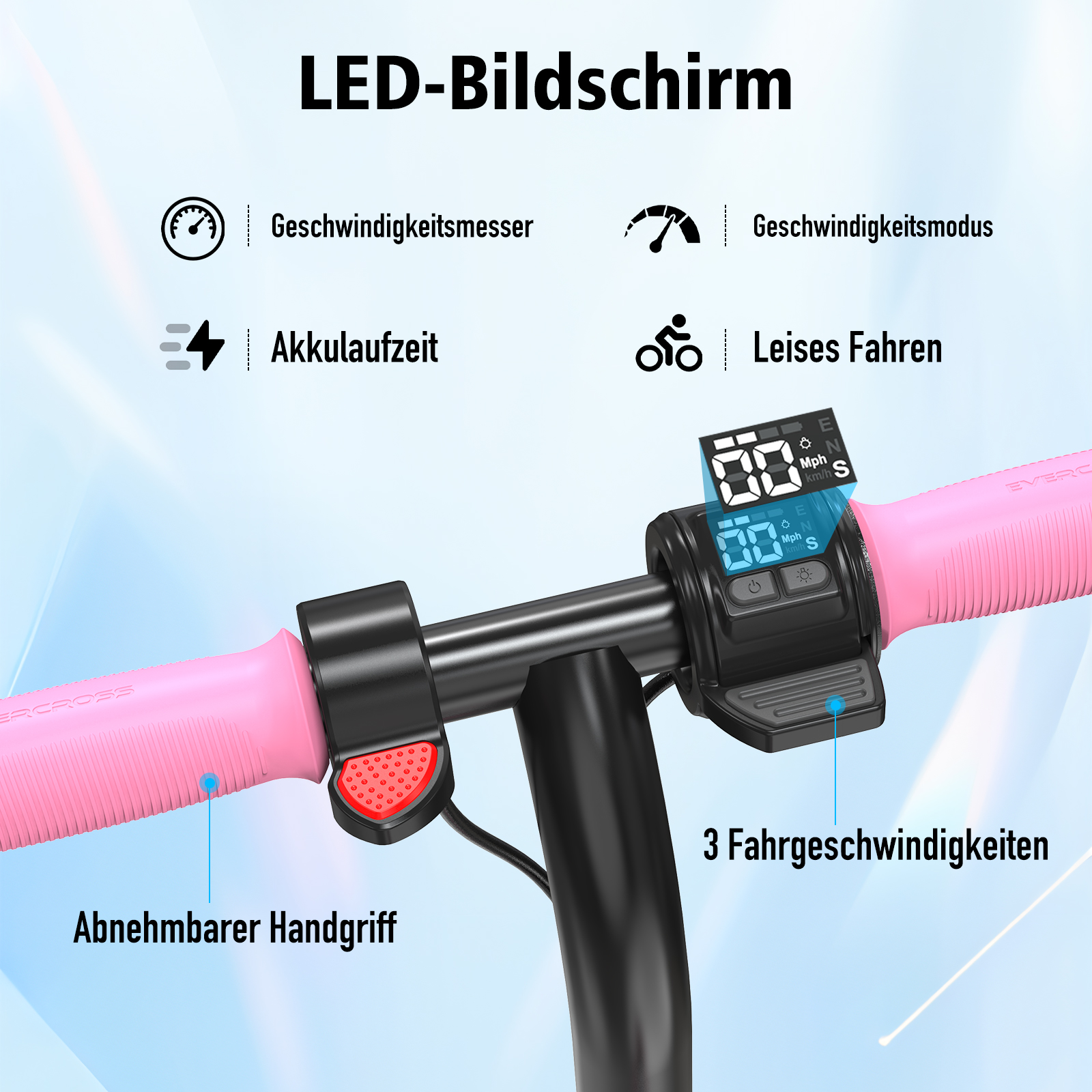 Nahaufnahme eines Elektroroller-Lenkers mit Display und Bedienelementen.