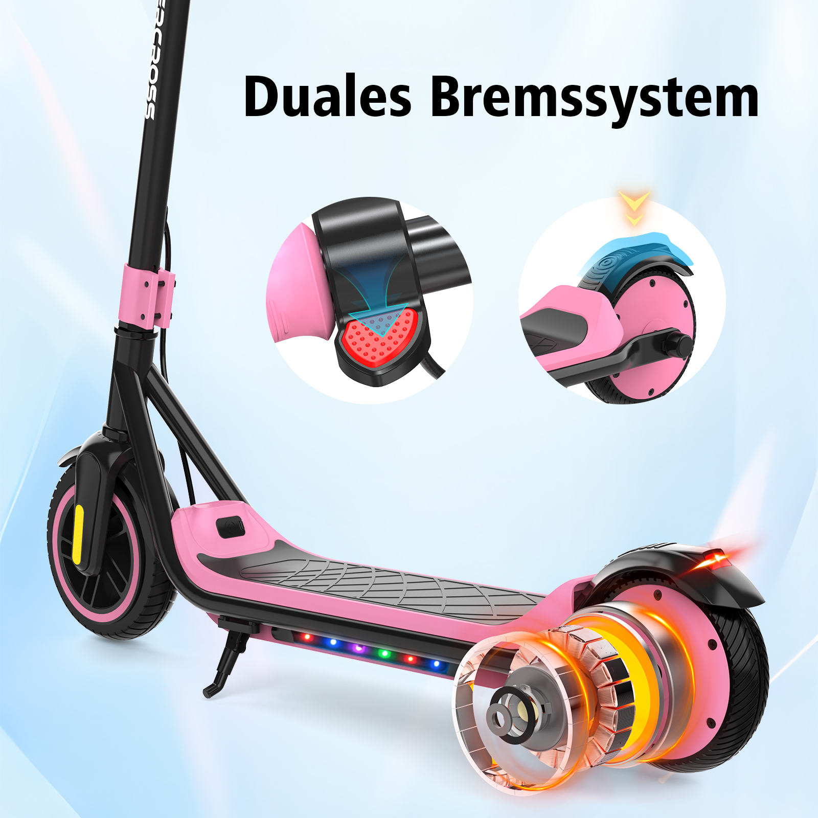 Rosa und schwarzer Roller mit dualem Bremssystem, mit hervorgehobenen Teilen des Rollers.