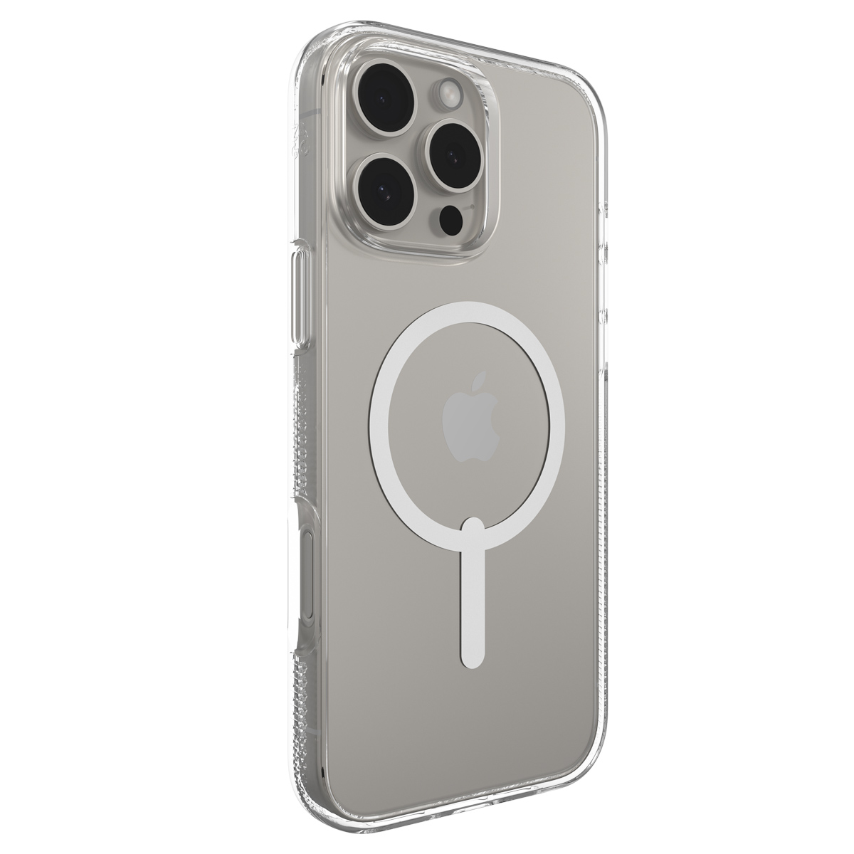 Custodia trasparente per iPhone. Il telefono è su una superficie bianca. Un cerchio bianco e un supporto sono visibili.