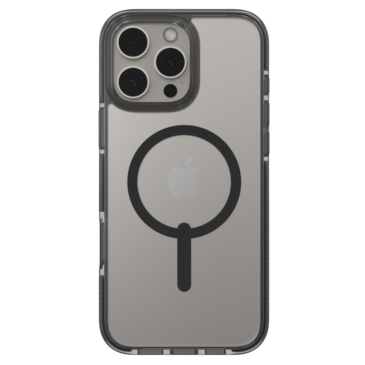Custodia trasparente con cerchio nero e logo Apple, che mostra le fotocamere del telefono.