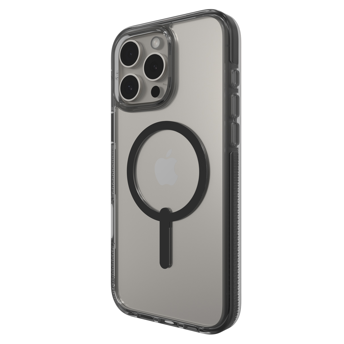 Custodia trasparente con anello magnetico nero, con il logo Apple. La custodia ha una cornice nera.