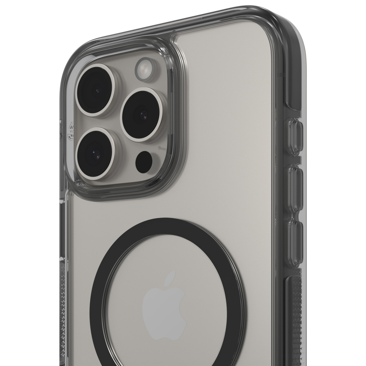 Primo piano sulla custodia con tre fotocamere e anello nero attorno al logo Apple. Sfondo bianco.
