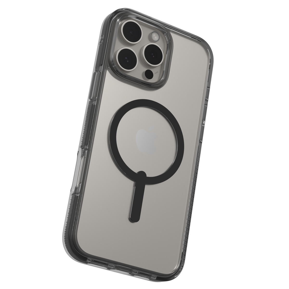 Una custodia trasparente per telefono con un cerchio nero sul retro e un telefono all'interno. La custodia ha un ritaglio per la fotocamera.