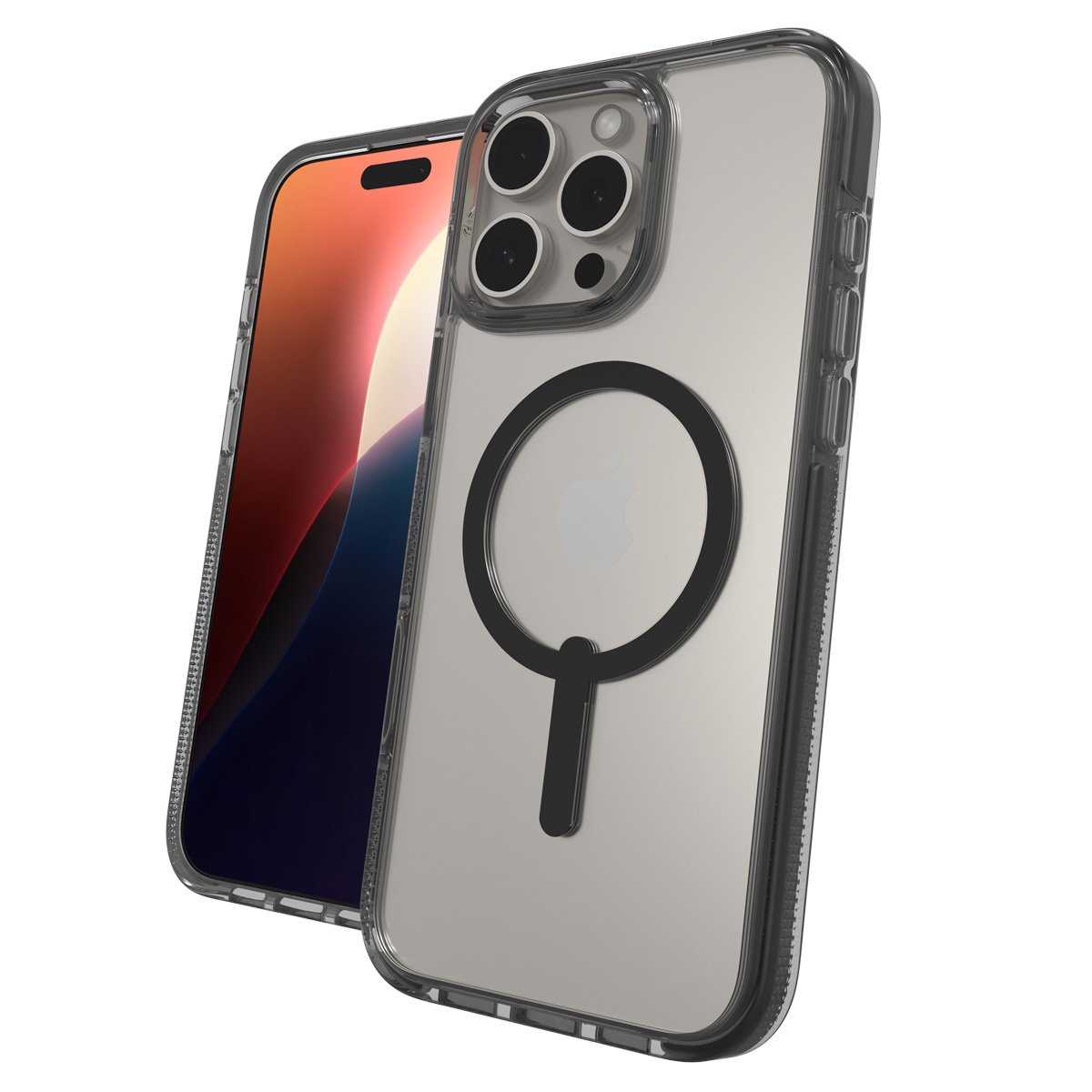 Telefono e custodia, custodia trasparente con anello nero. Telefono con schermo rosso.