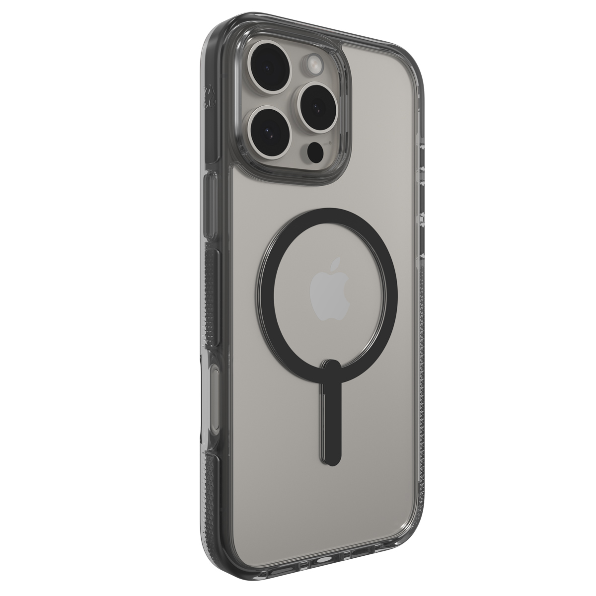 Custodia trasparente con magnete ad anello nero. Logo Apple visibile. Obiettivi multipli della fotocamera.