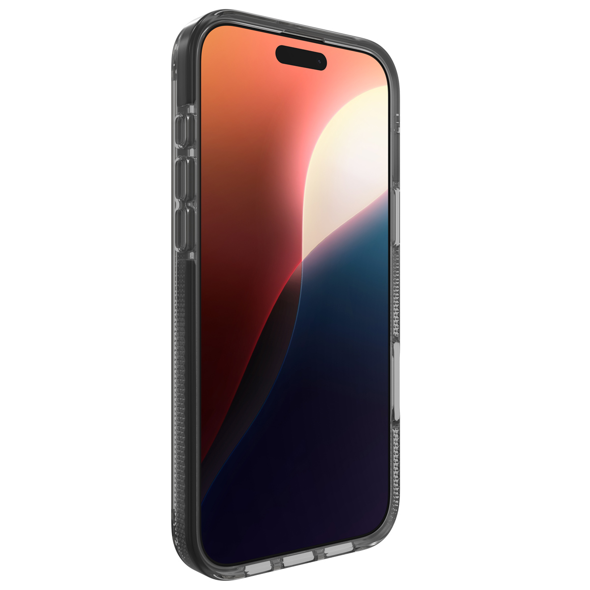 Custodia trasparente per telefono su uno smartphone. Il telefono mostra uno sfondo astratto colorato.