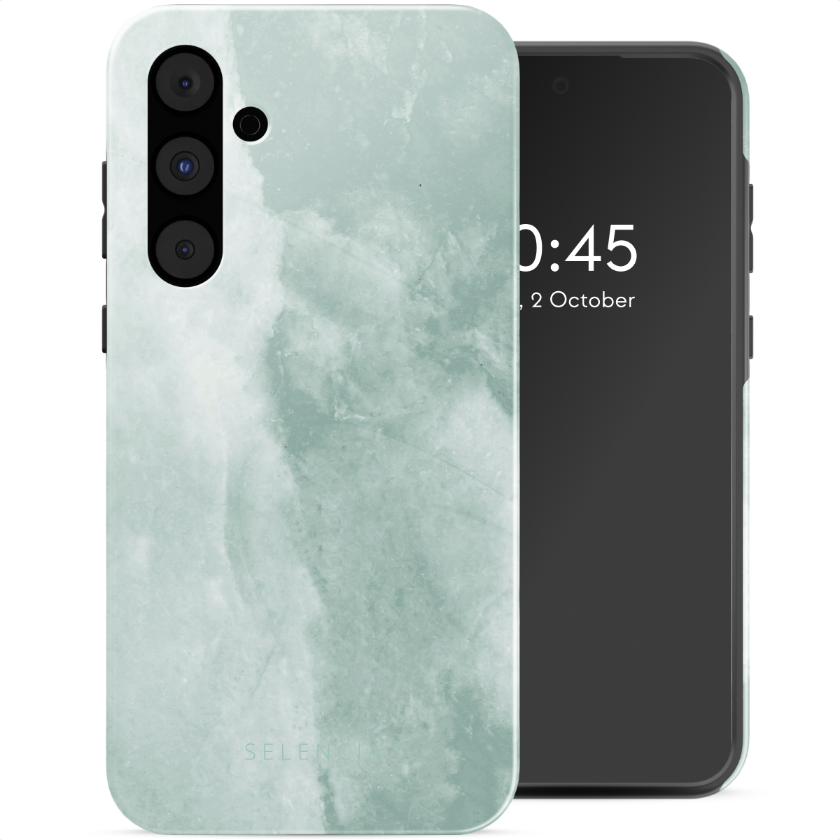 Un smartphone avec un étui à motif marbré. L'écran affiche l'heure et la date.
