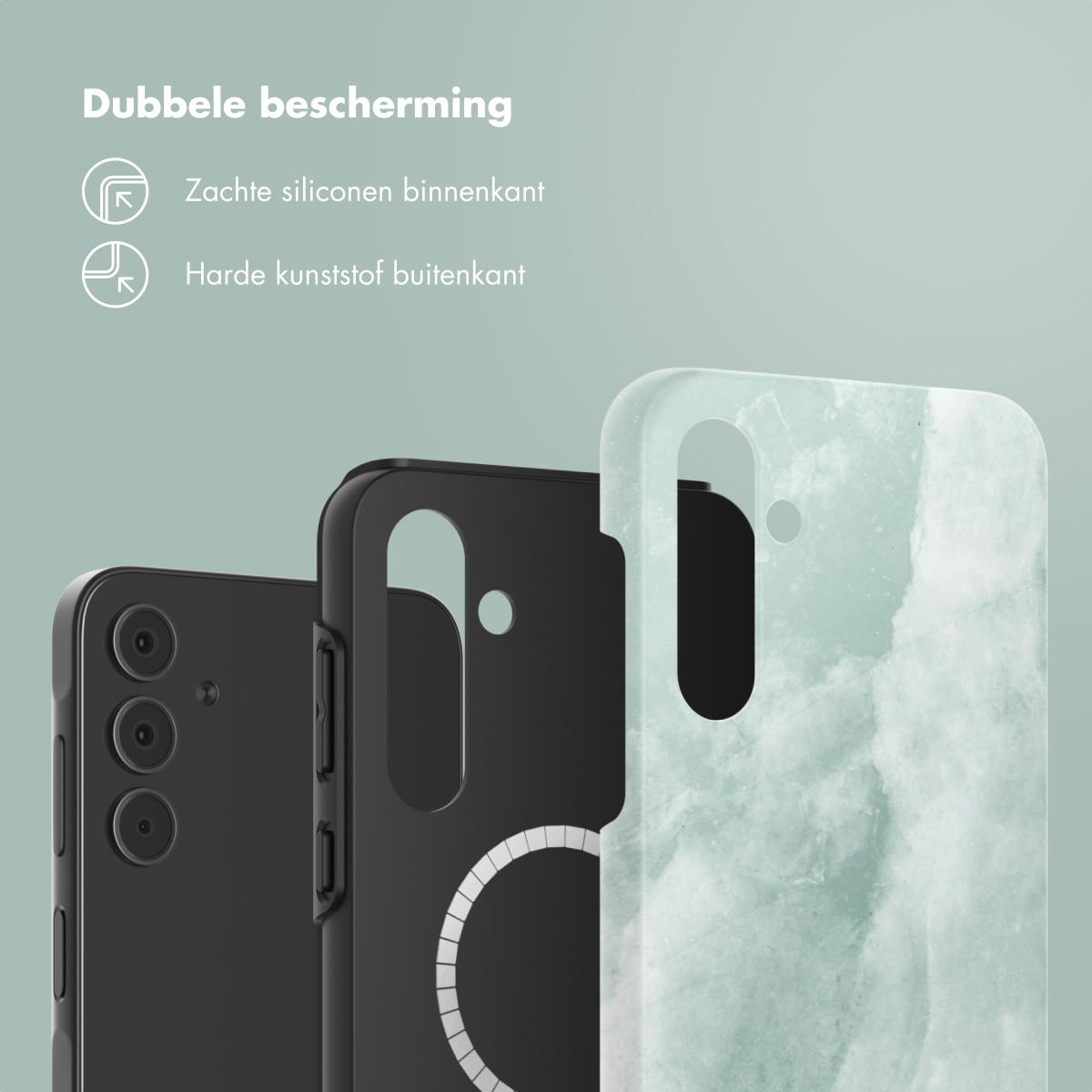 Trois coques de téléphone avec un téléphone. Une noire, une noire avec un cercle blanc et un marbre vert.