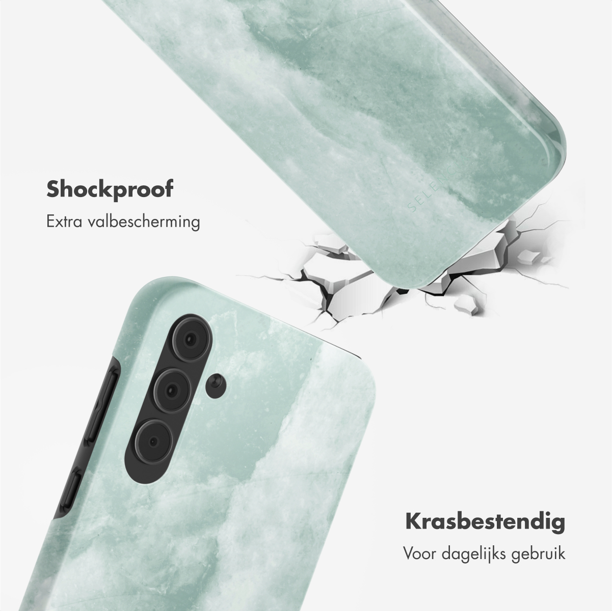 Deux coques de téléphone : une en haut, tombante ; l'autre en bas, motif marbré.