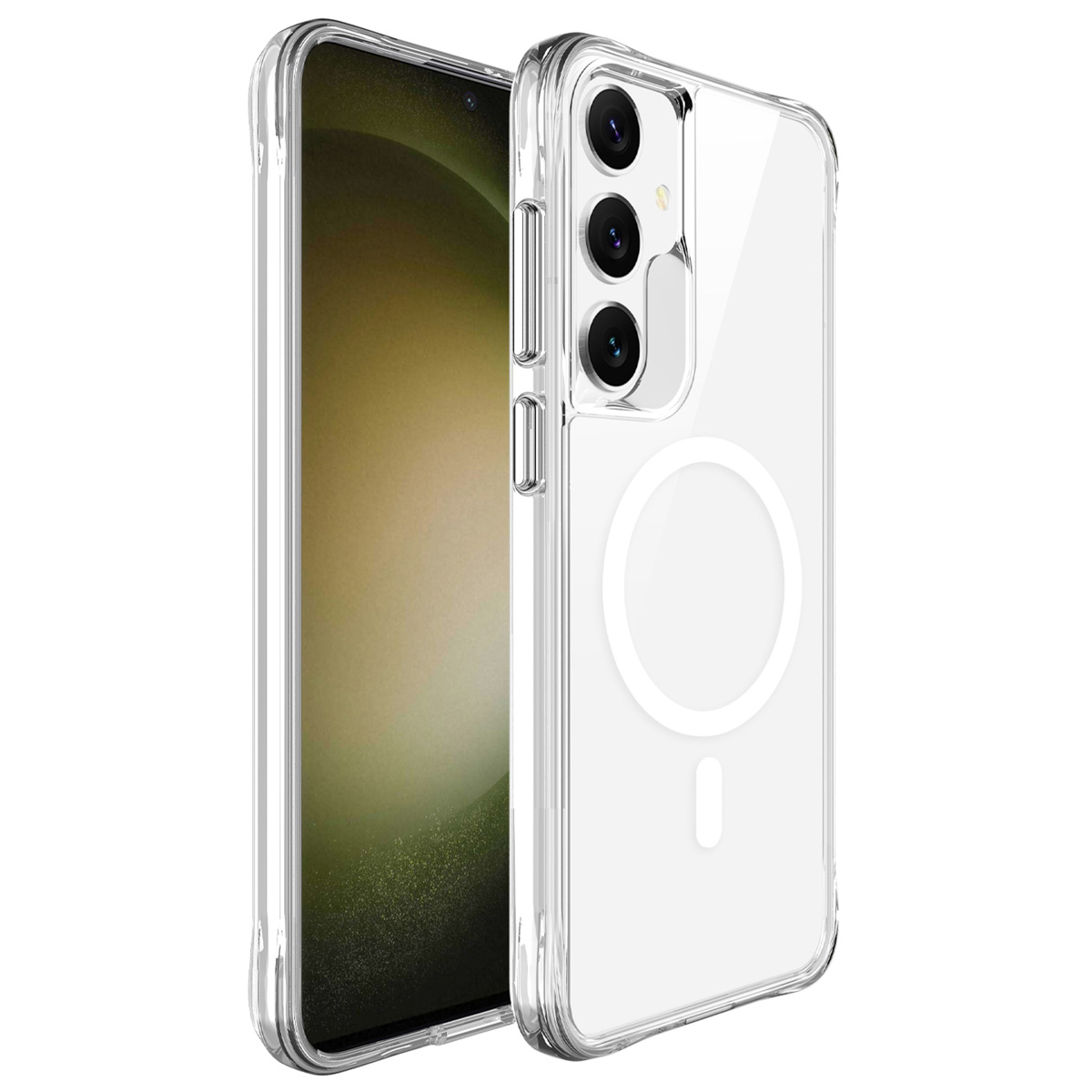 Un téléphone dans un étui transparent. L'étui a un anneau blanc. Le téléphone a un fond blanc.
