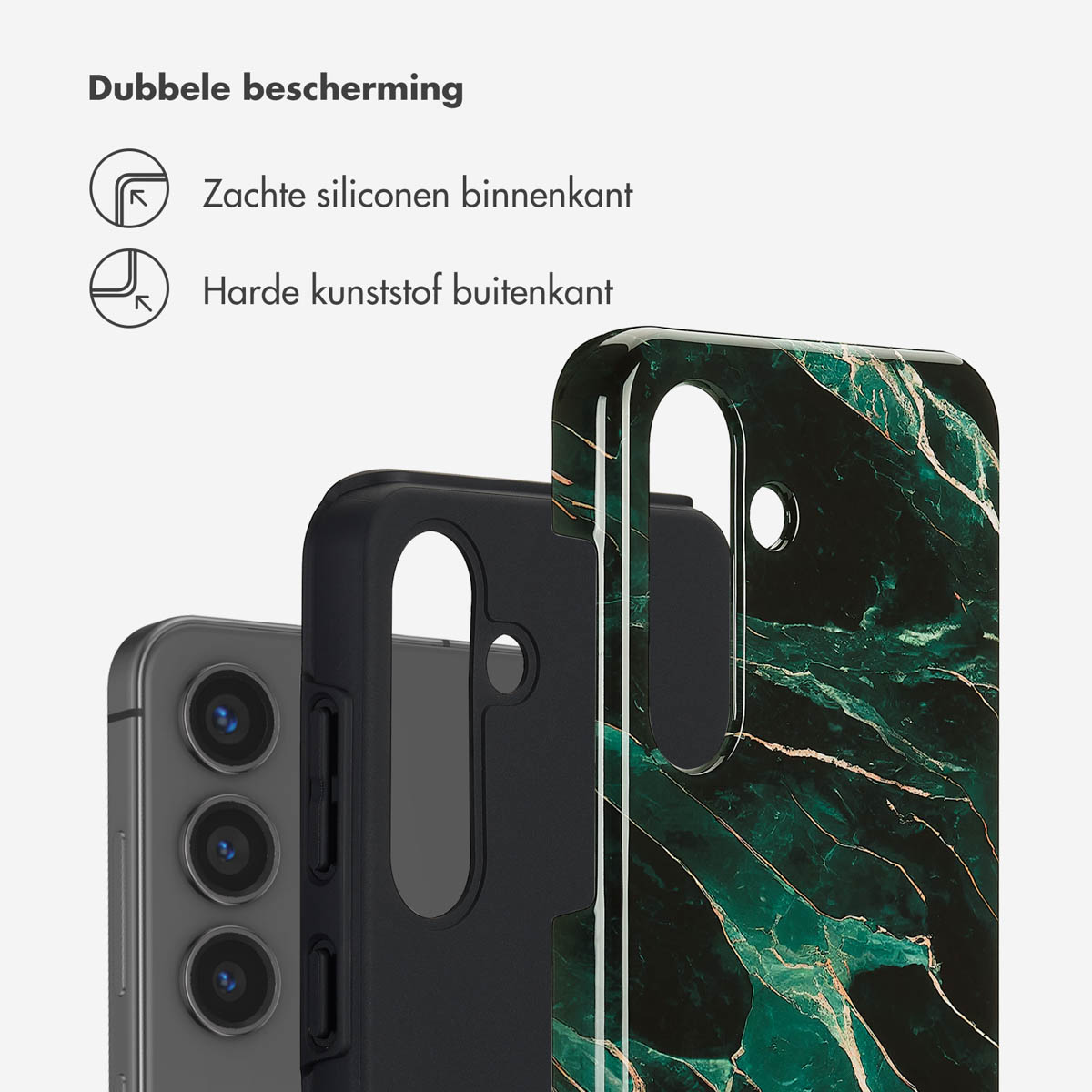 Telefoonhoes met een telefoon en de interne lagen. De buitenste laag is een groen marmerontwerp.