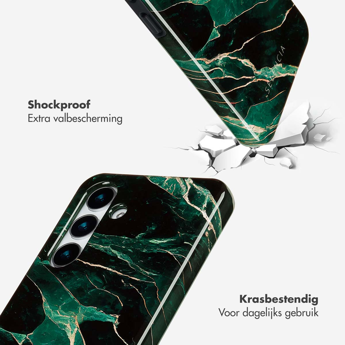 Telefoonhoesje, groen marmer design, met tekst 'Schokbestendig'.