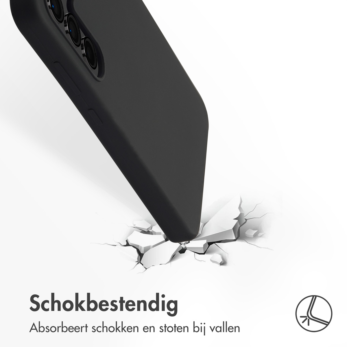 Zwarte telefoonhoes met een gebarsten oppervlak, toont schokbestendigheid.