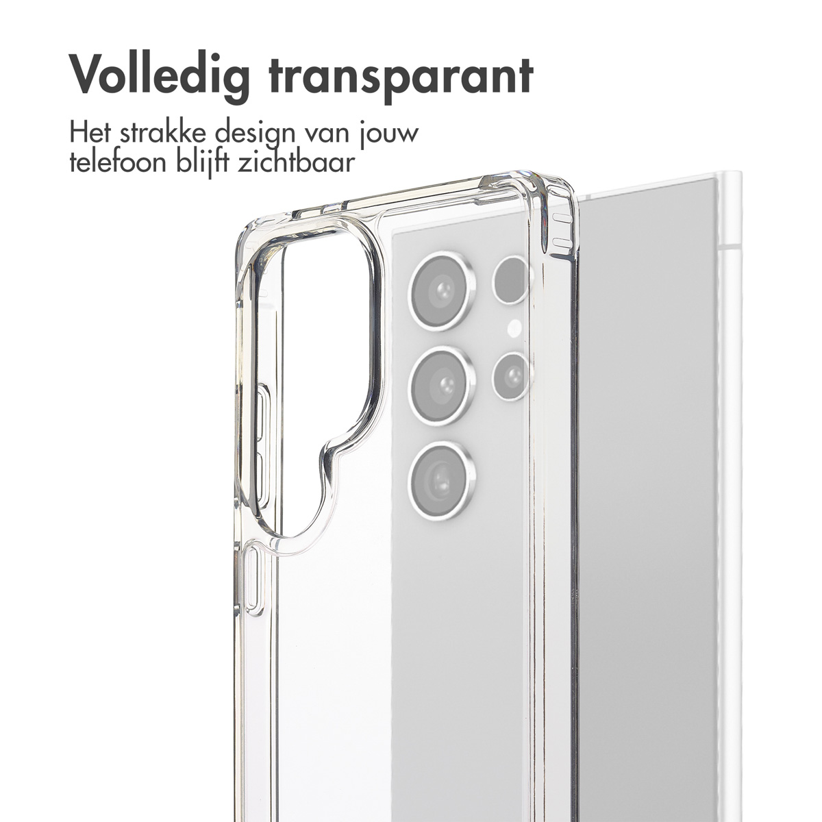 Custodia trasparente con telefono. Testo: Completamente trasparente. Design visibile.