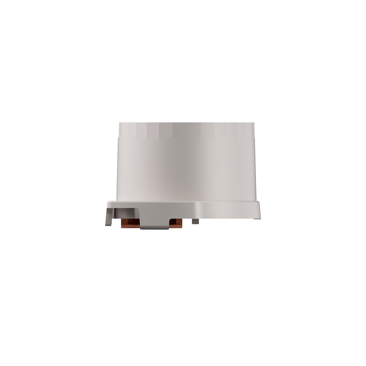 Un appareil blanc, cylindrique avec un dessus plat. Deux points de connexion marron visibles.