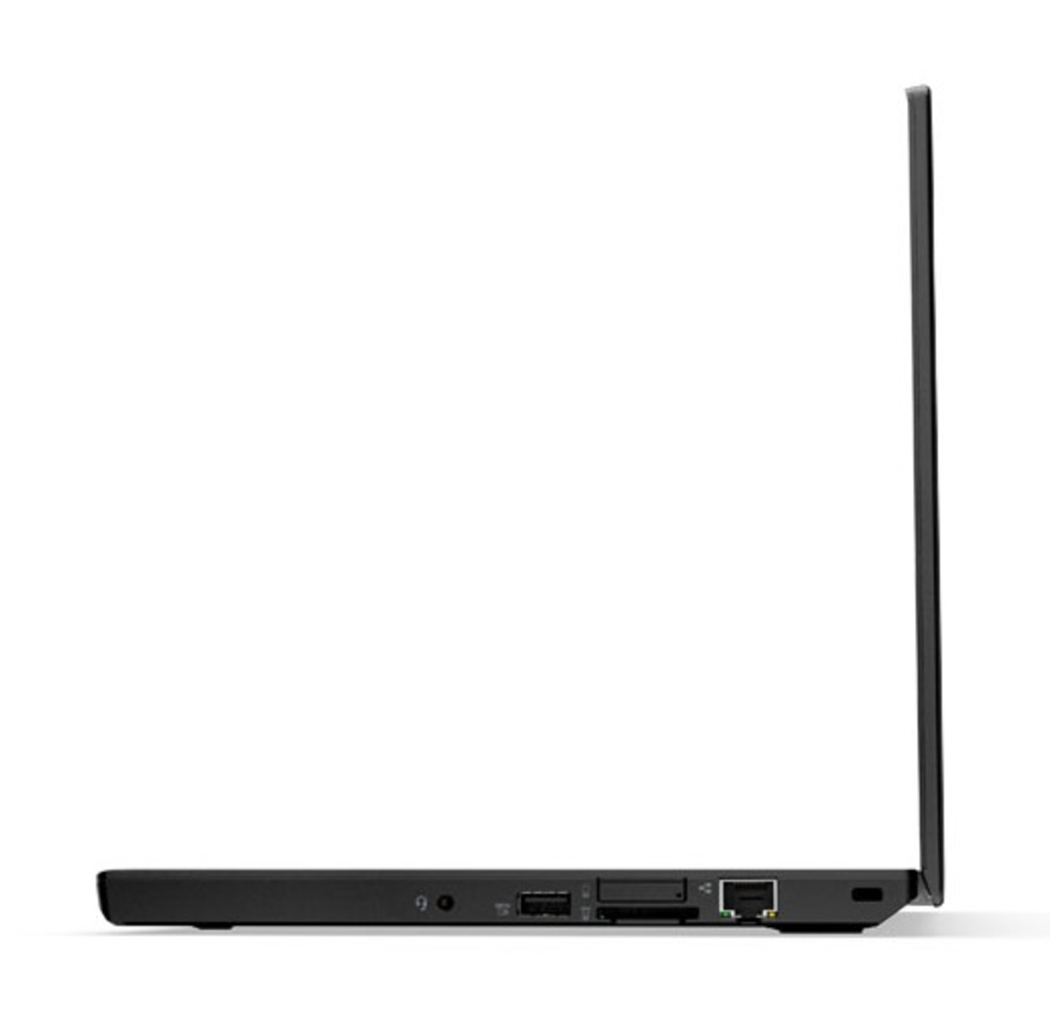Ein schwarzer Laptop von der Seite. Zeigt Anschlüsse und den Bildschirm.