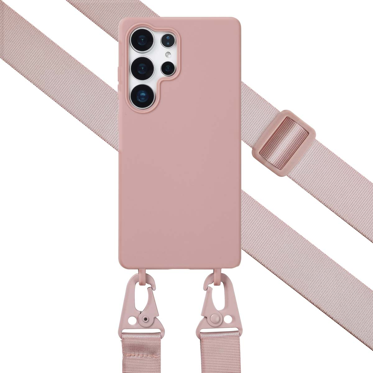 Roze telefoonhoesje met een bandje. De hoes heeft een camerabult en bandbevestigingen.