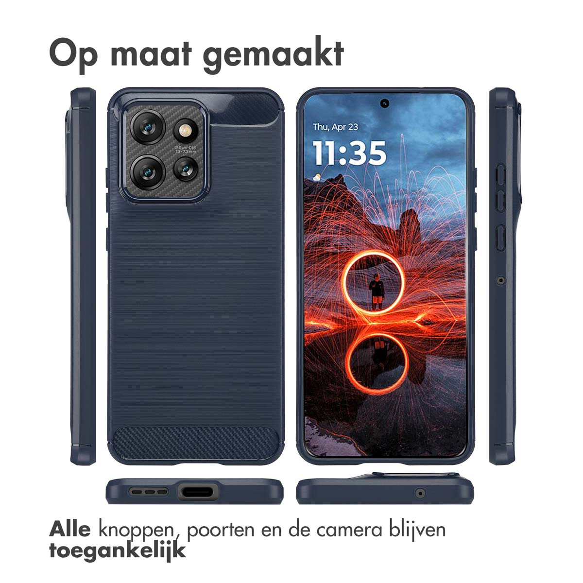 Telefoonhoesje met meerdere weergaven. Het is blauw en toont de camera en het scherm van de telefoon.