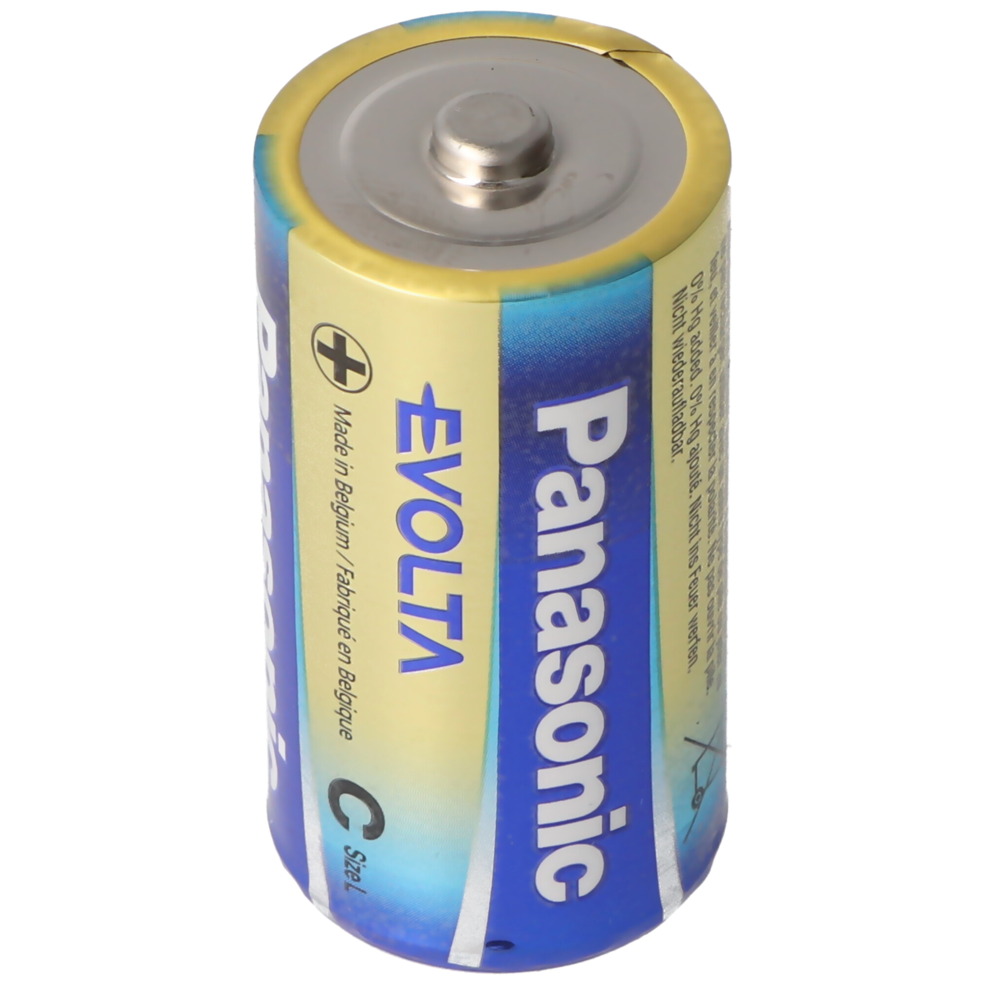 Bateria Panasonic C w rozmiarze Evolta. Jest żółta, niebieska i srebrna.