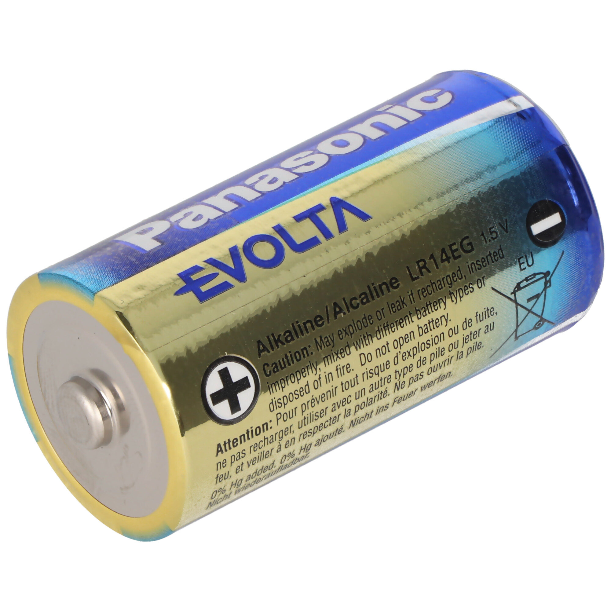 Bateria Panasonic EVOLTA, z tekstem i ostrzeżeniem w wielu językach.