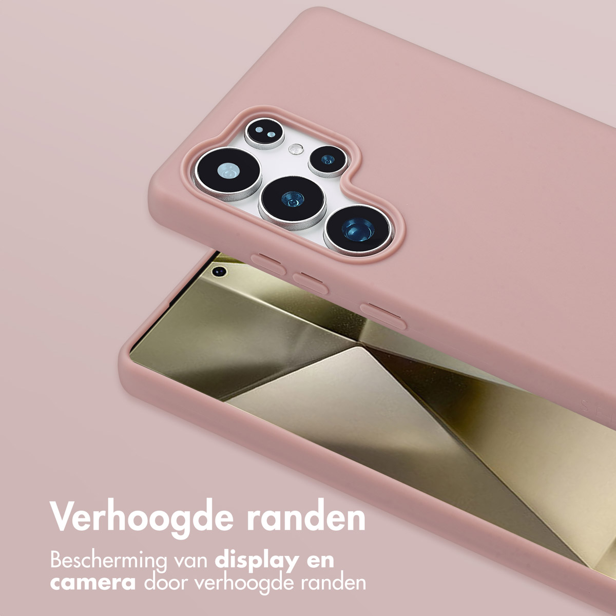 Roze telefoonhoes en telefoon, met de camera zichtbaar. Tekst: Verhoogde randen (Verhoogde randen).