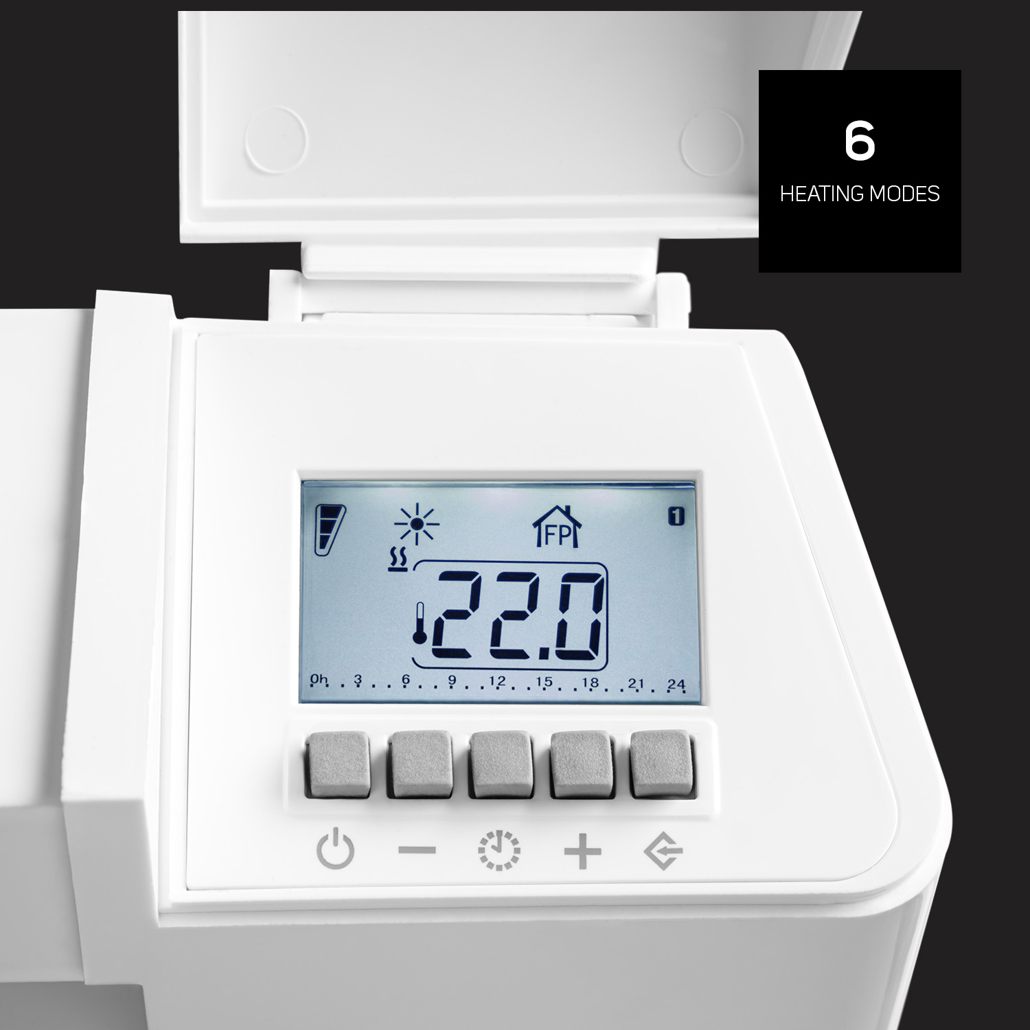 Termostato digital blanco muestra 22,0 grados. Tiene botones y fondo negro con 6 modos de calefacción.