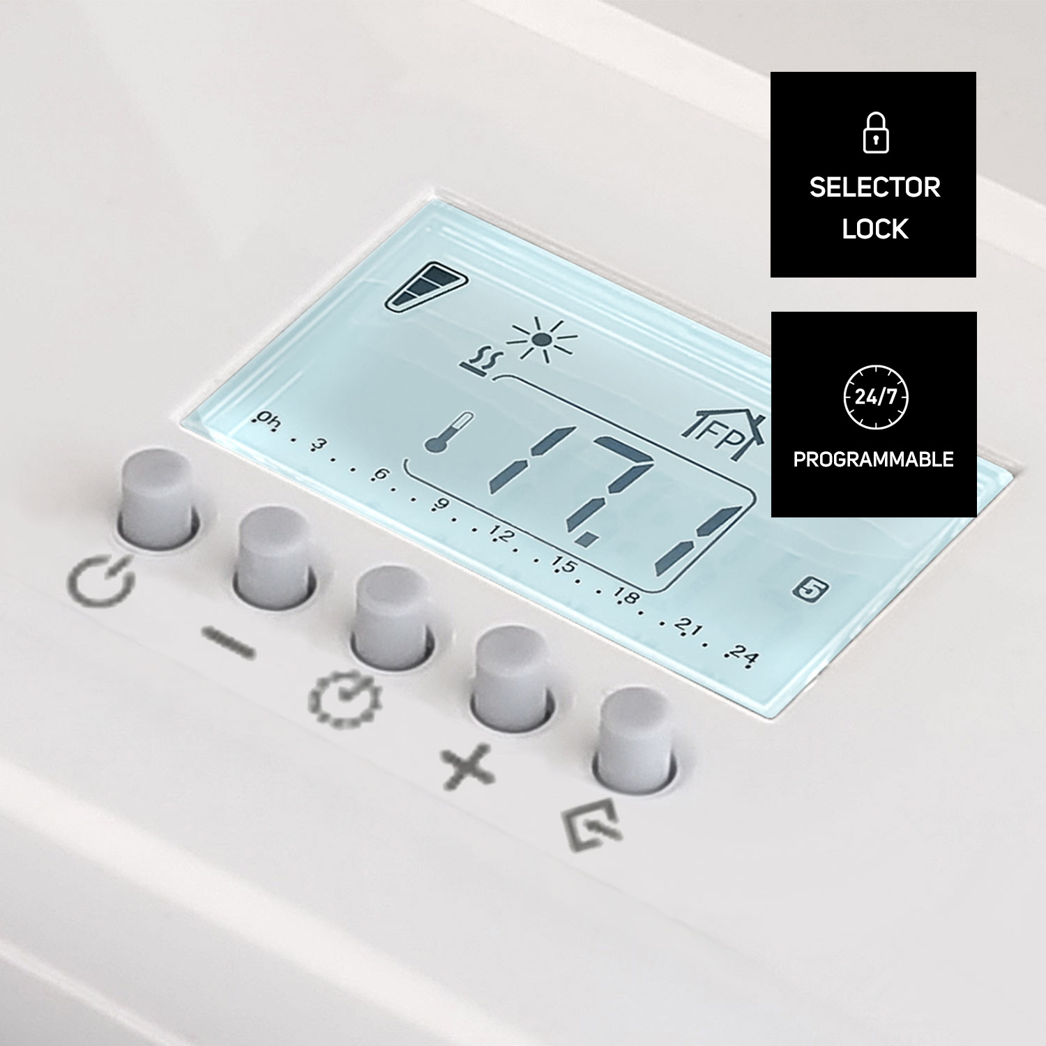 Termostato blanco con botones, pantalla muestra 17 grados.