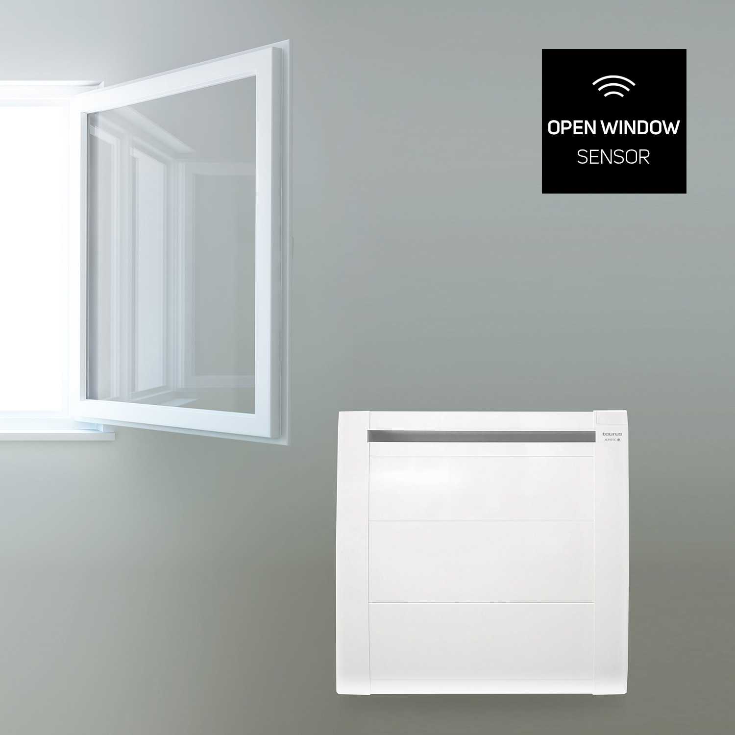 Una ventana blanca abierta con un sensor sobre un calefactor blanco montado en la pared.