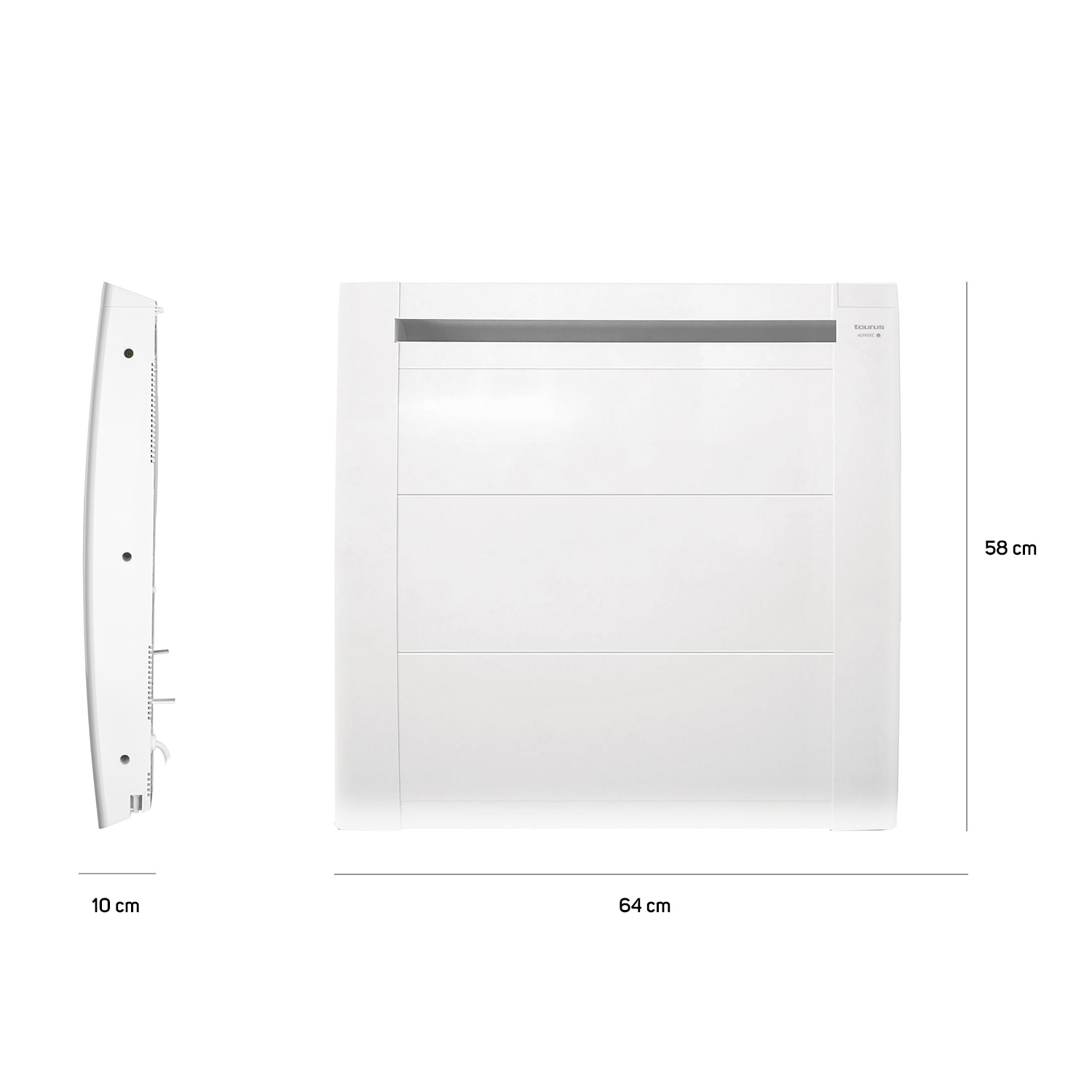 Calentador eléctrico blanco con dimensiones, vista lateral y frontal.