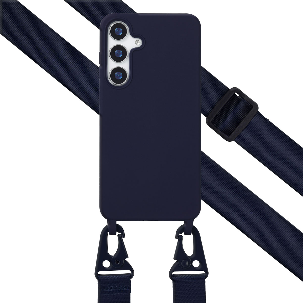 Marineblauwe telefoonhoes met een riem en haken. Diagonale riem. Telefoon heeft drievoudige camera.