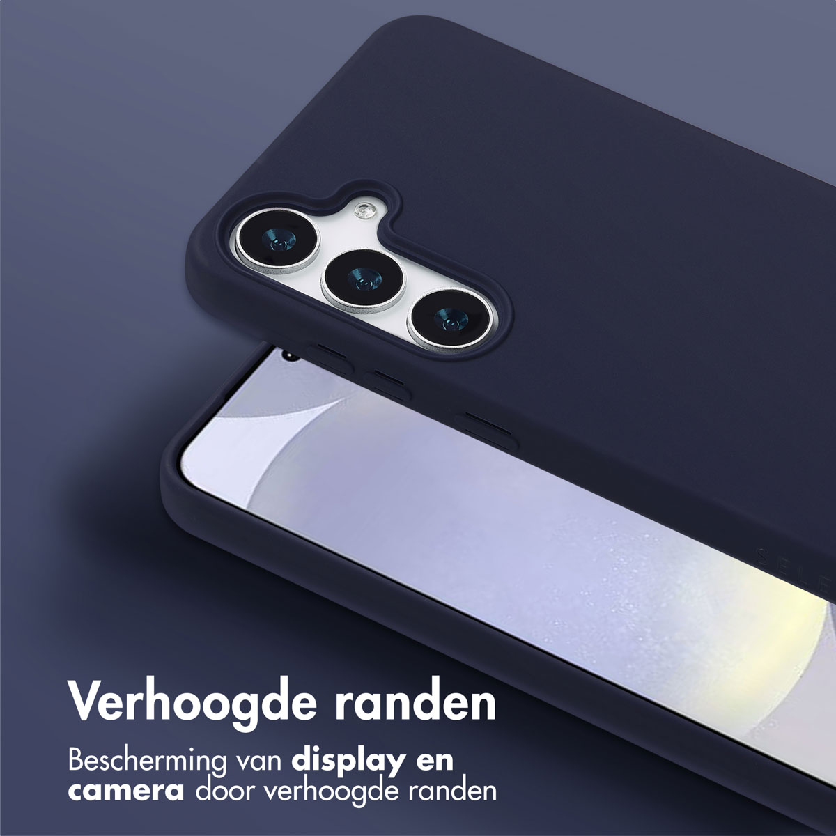 Marineblauwe telefoonhoes met scherm. Tekst: 'Verhoogde randen'.