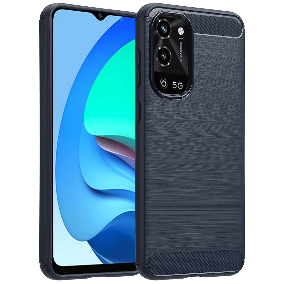 Coque de téléphone bleue avec objectifs d'appareil photo et signe 5G. L'écran du téléphone est visible à gauche.