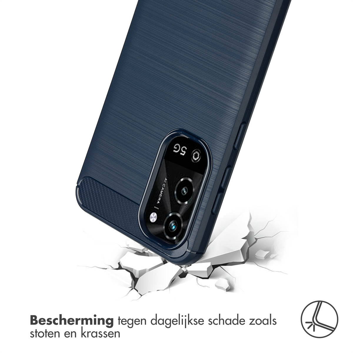 Coque de téléphone bleu foncé avec surface fissurée, protection contre les chocs.