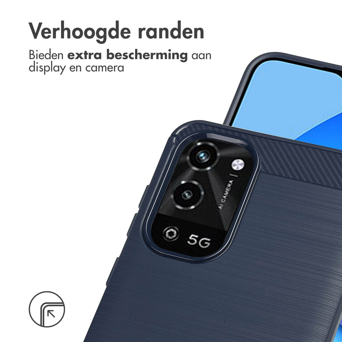 Coque de téléphone bleue avec module caméra, avec texte : Verhoogde randen (Bords surélevés).