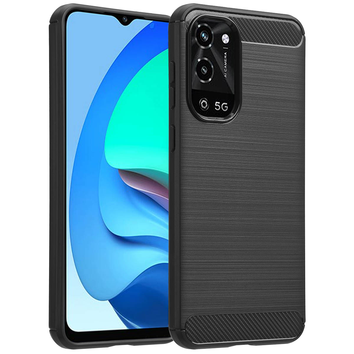 Coque de téléphone noire, dos texturé, avec écran de téléphone. La coque est à droite.