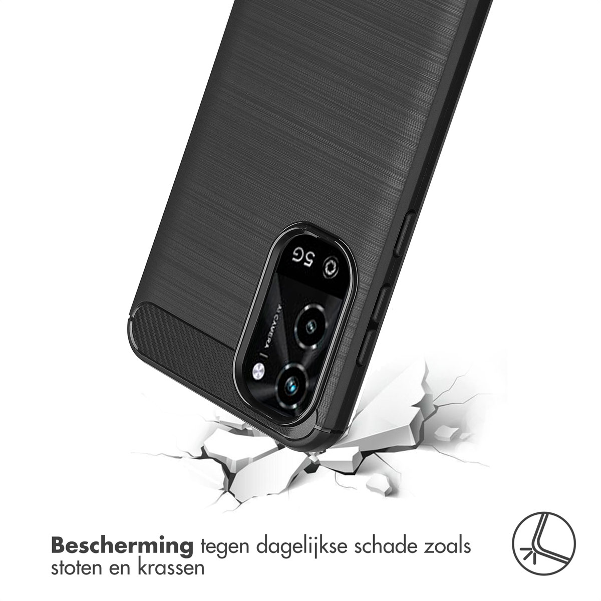 Coque de téléphone noire tombant et brisant une surface blanche. Texte : Protection contre les dommages quotidiens tels que les chocs et les rayures.