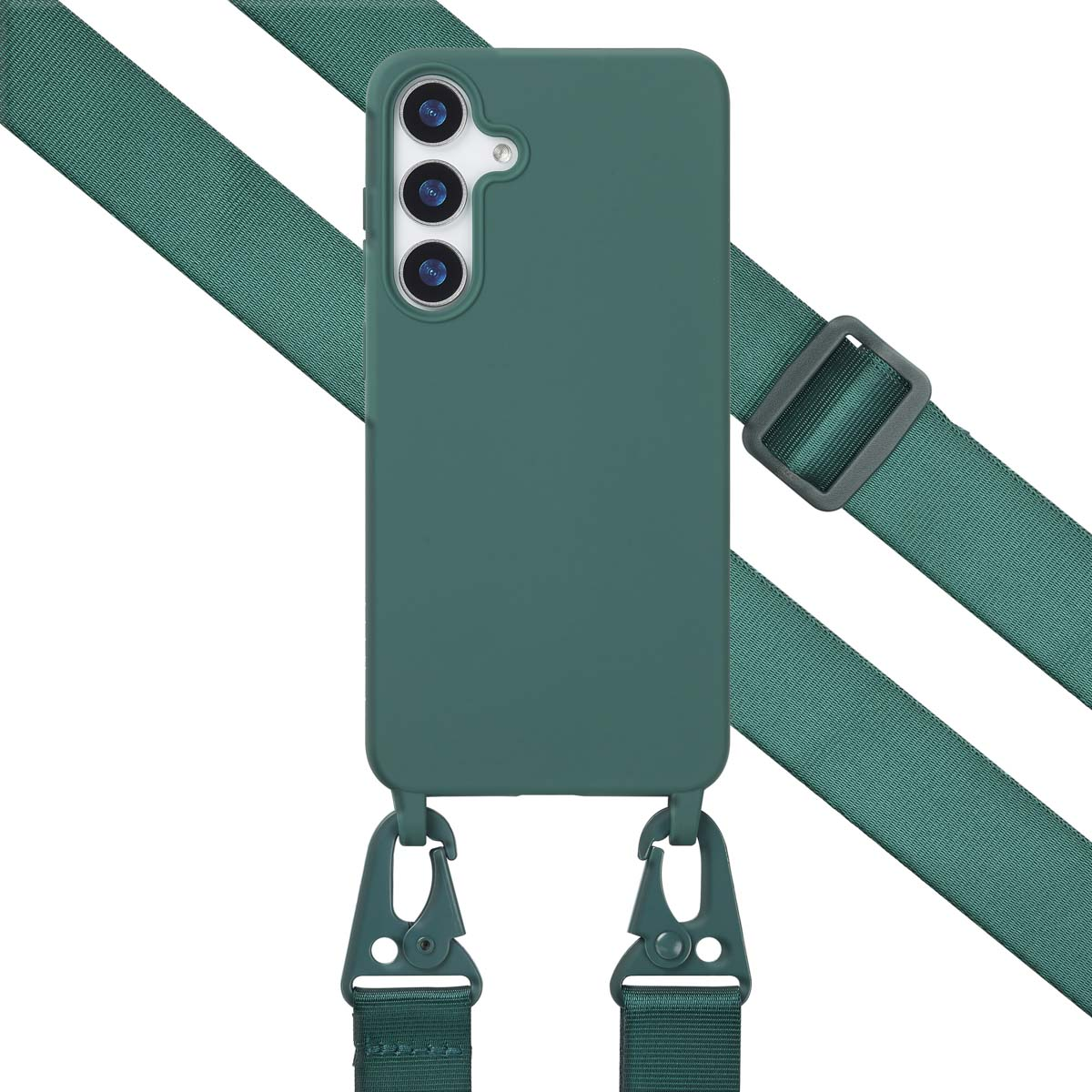 Een groene telefoonhoes met een riem. De telefoonhoes heeft een camera en staat op een witte achtergrond.