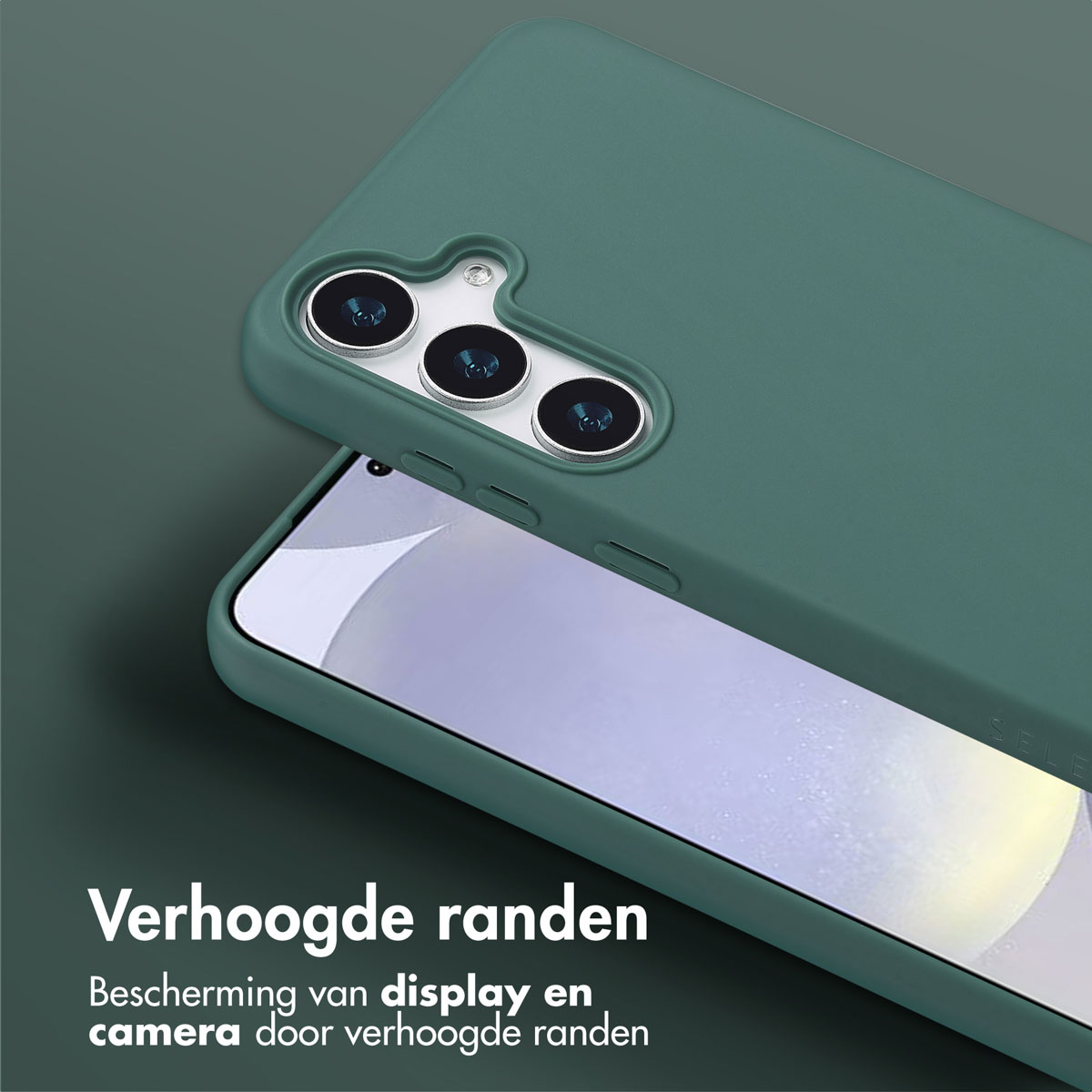 Groen telefoonhoesje, met telefoon, toont camera en scherm. Tekst over verhoogde randen voor bescherming.