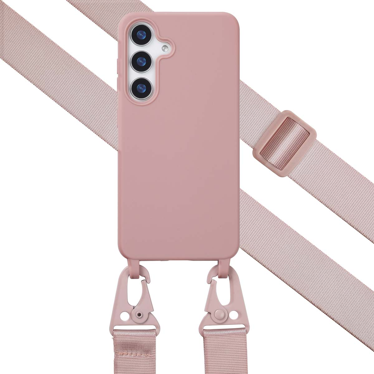 Roze telefoonhoesje met een bandje en haken, liggend. De telefoon heeft drie camera's.