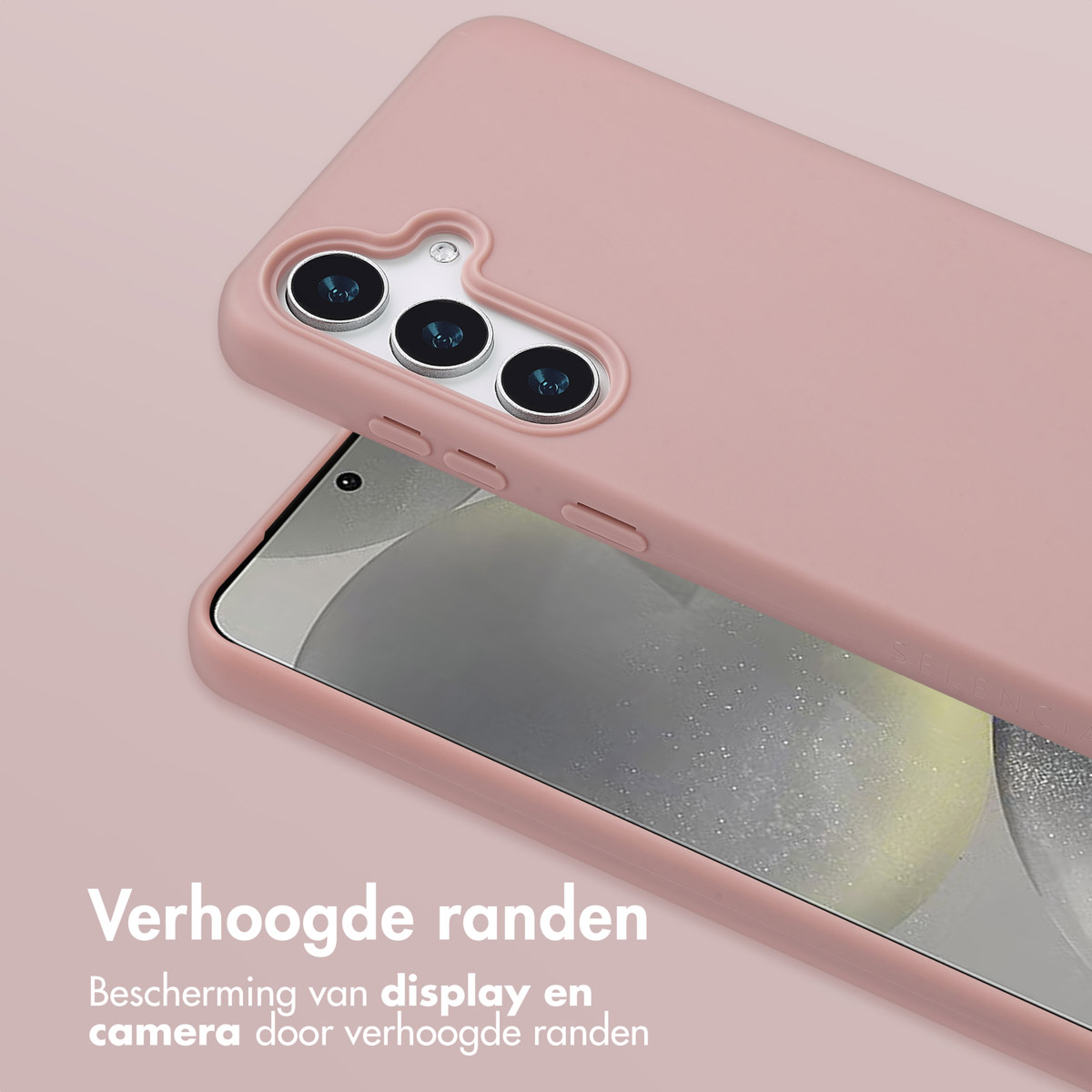 Roze telefoonhoes, telefoon links met cameradetails.