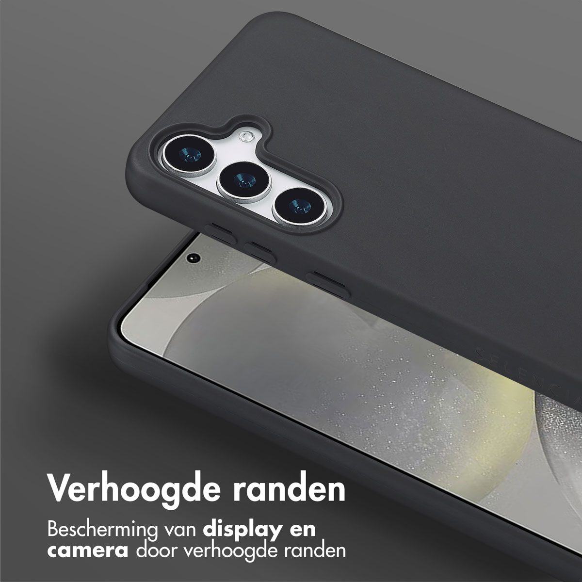 Telefoonhoes met verhoogde randen, beschermt scherm en camera. Grijze achtergrond.