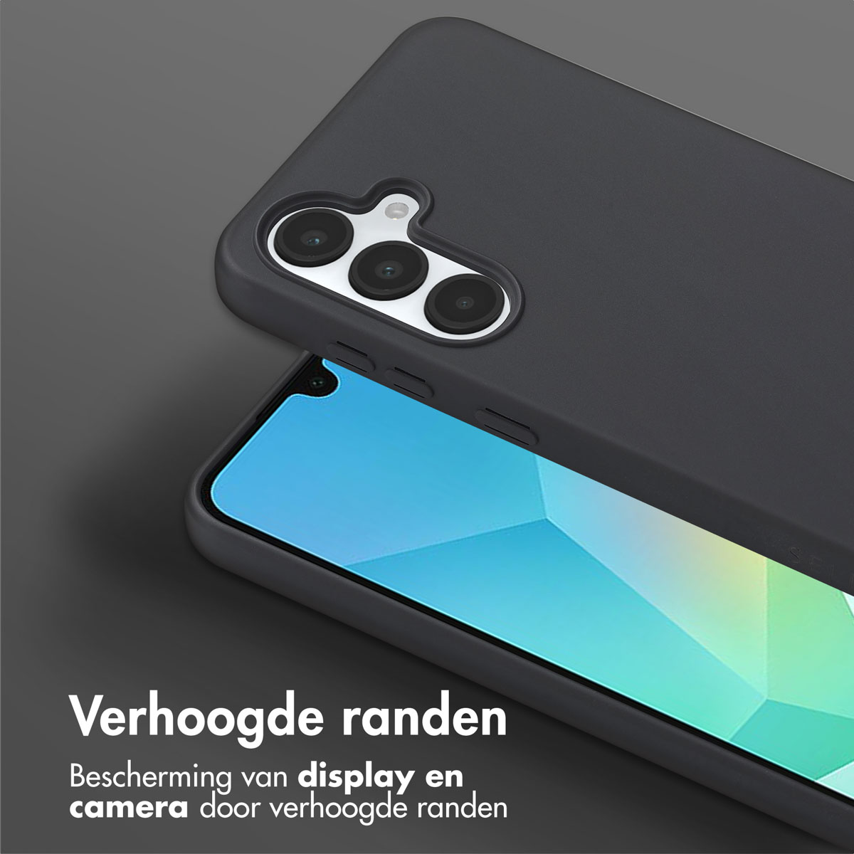 Una custodia per telefono nera con un telefono all'interno. Lo schermo mostra uno sfondo colorato. Sfondo grigio.