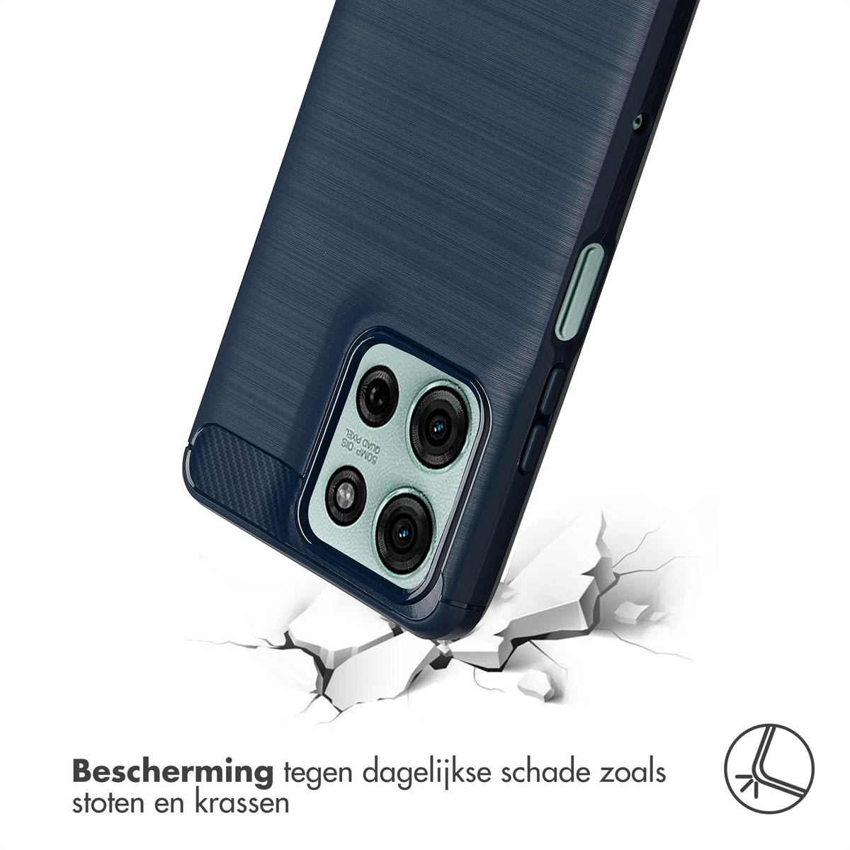 Funda de teléfono azul cayendo y rompiendo una superficie blanca. Texto: Protección contra daños diarios como golpes y arañazos.