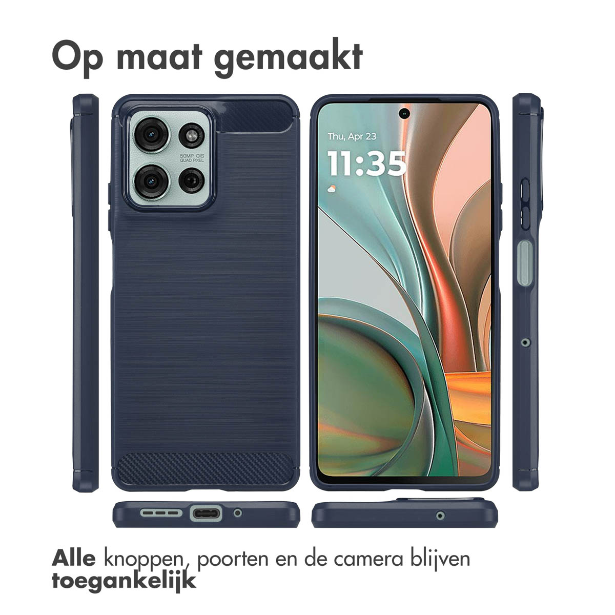 Funda azul con módulo de cámara, múltiples vistas. Texto: Op maat gemaakt (Hecho a medida).