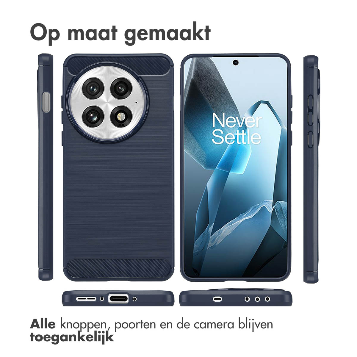 Telefoonhoesje met meerdere weergaven. Het is blauw en toont de camera en het scherm van de telefoon.