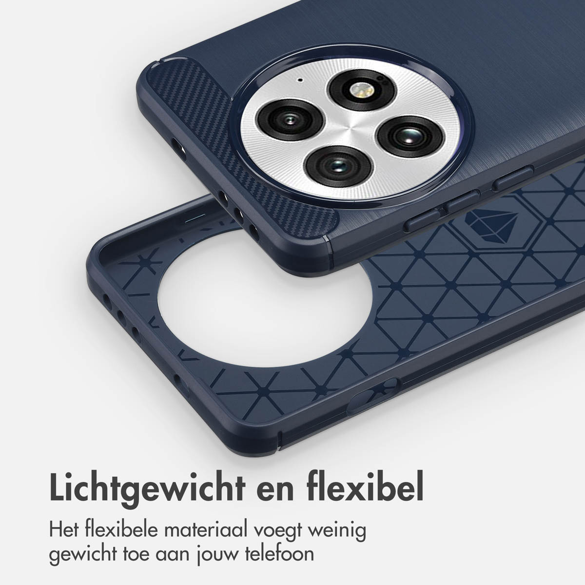 Blauwe telefoonhoes, open, met getextureerd interieur en cameradetails.