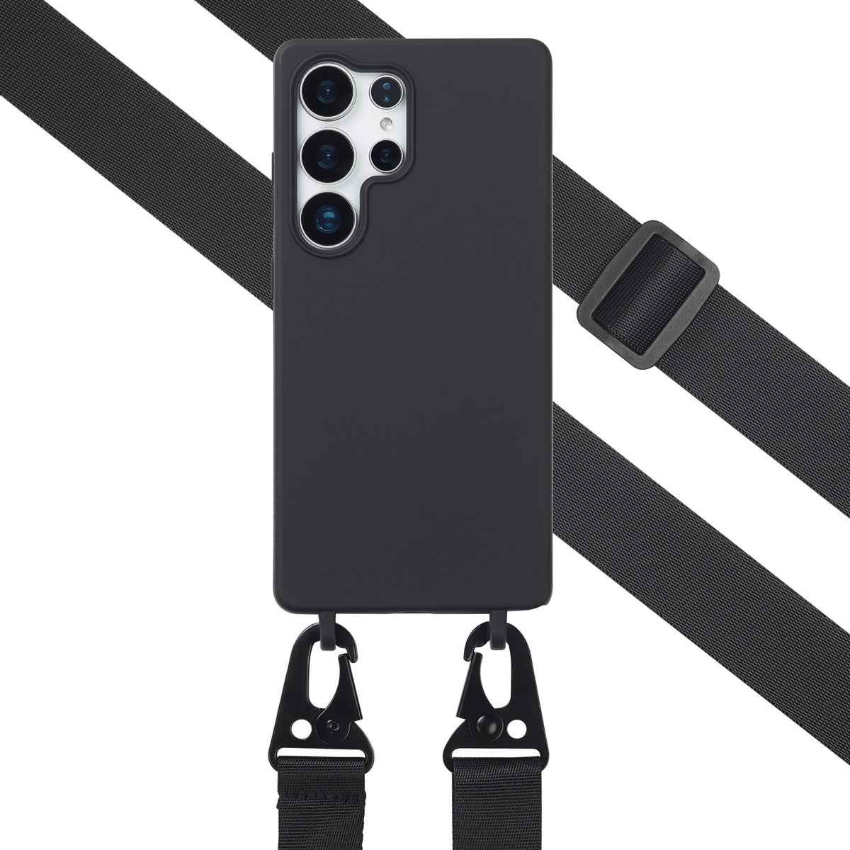 Zwarte telefoonhoes met een riem en haken. Diagonale riem. Telefoon heeft meerdere camera's.