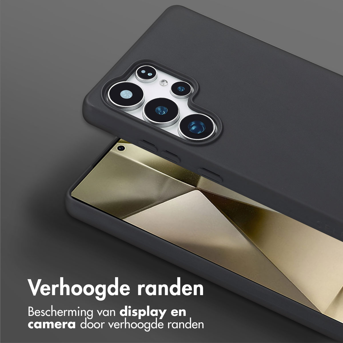 Grijze telefoonhoes met scherm. Tekst: 'Verhoogde randen'.