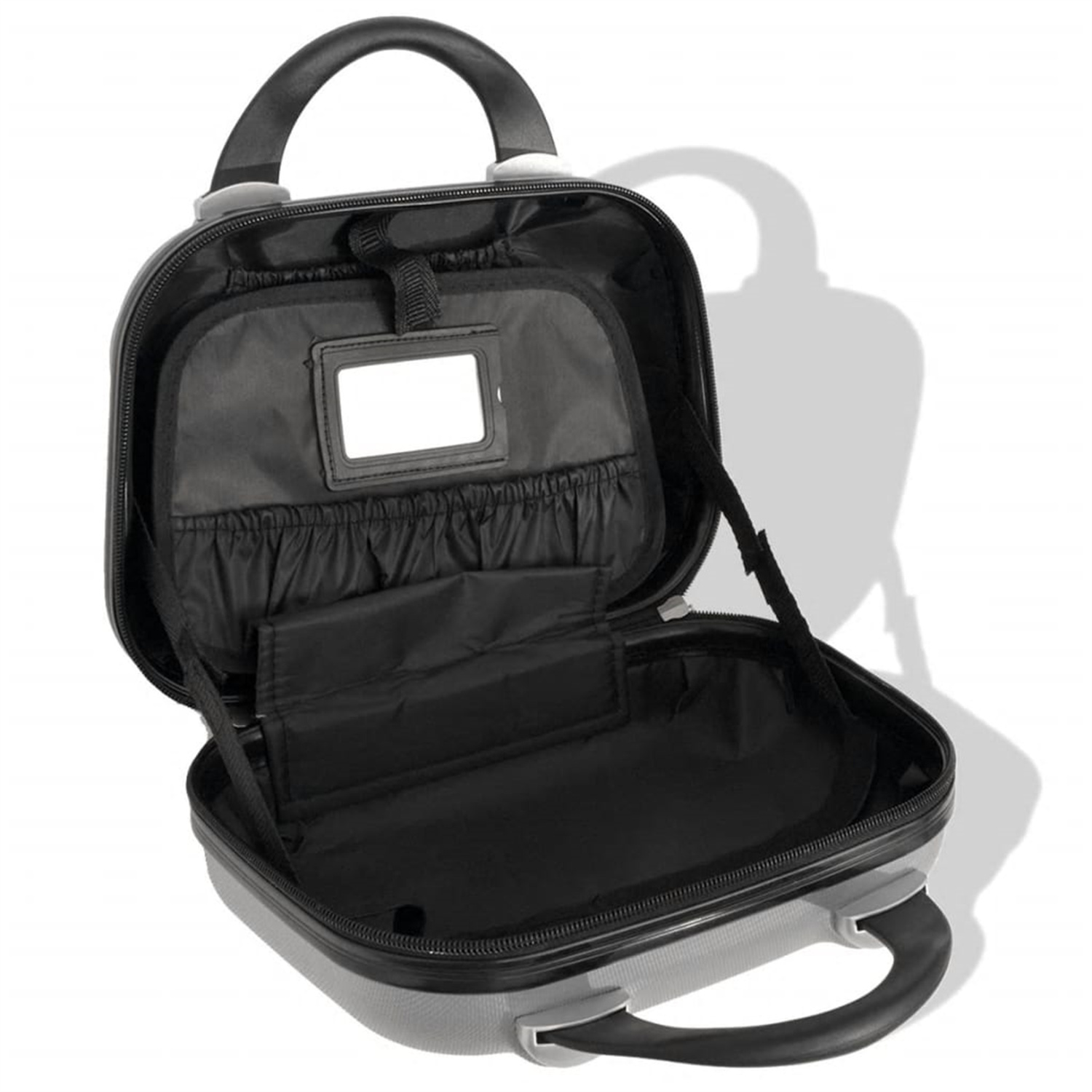 Offene graue und schwarze Kosmetiktasche mit Innenfächern und einem Spiegel.